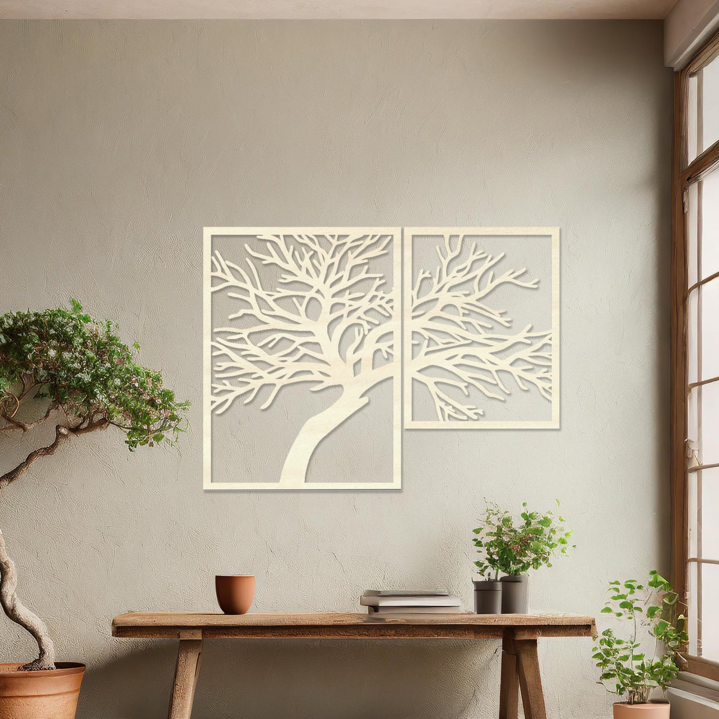 Wooden Tree Hanging Wall Art Modern 2 Panel Home or Office Decoration