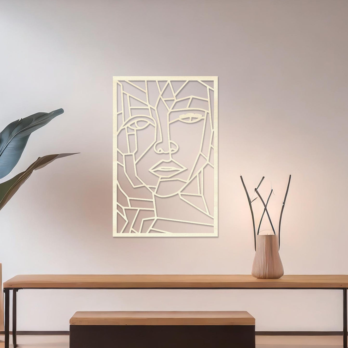 Geometric Womans Face Wooden Line Wall Art - Modernist Portrait Panel