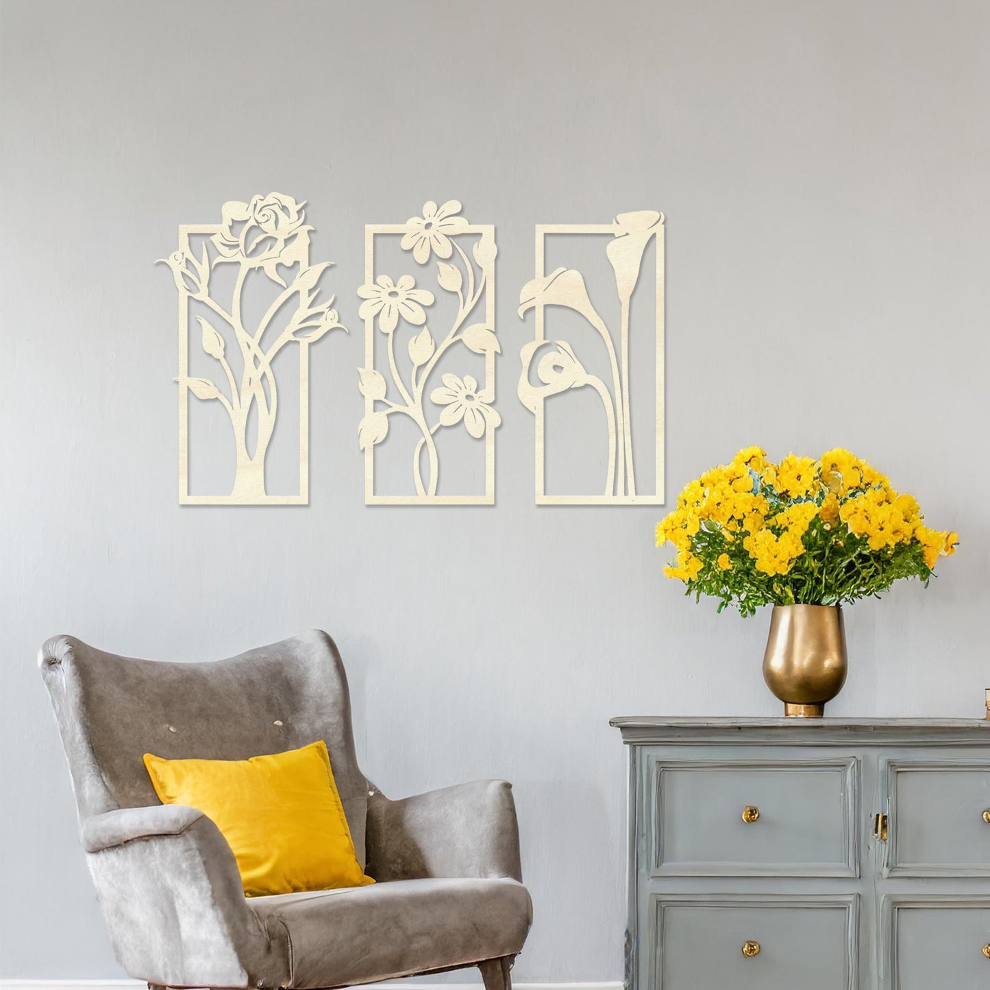 Elegant Trio of Laser Cut Floral Wooden Wall Panels - Artistic Wall Art Decor