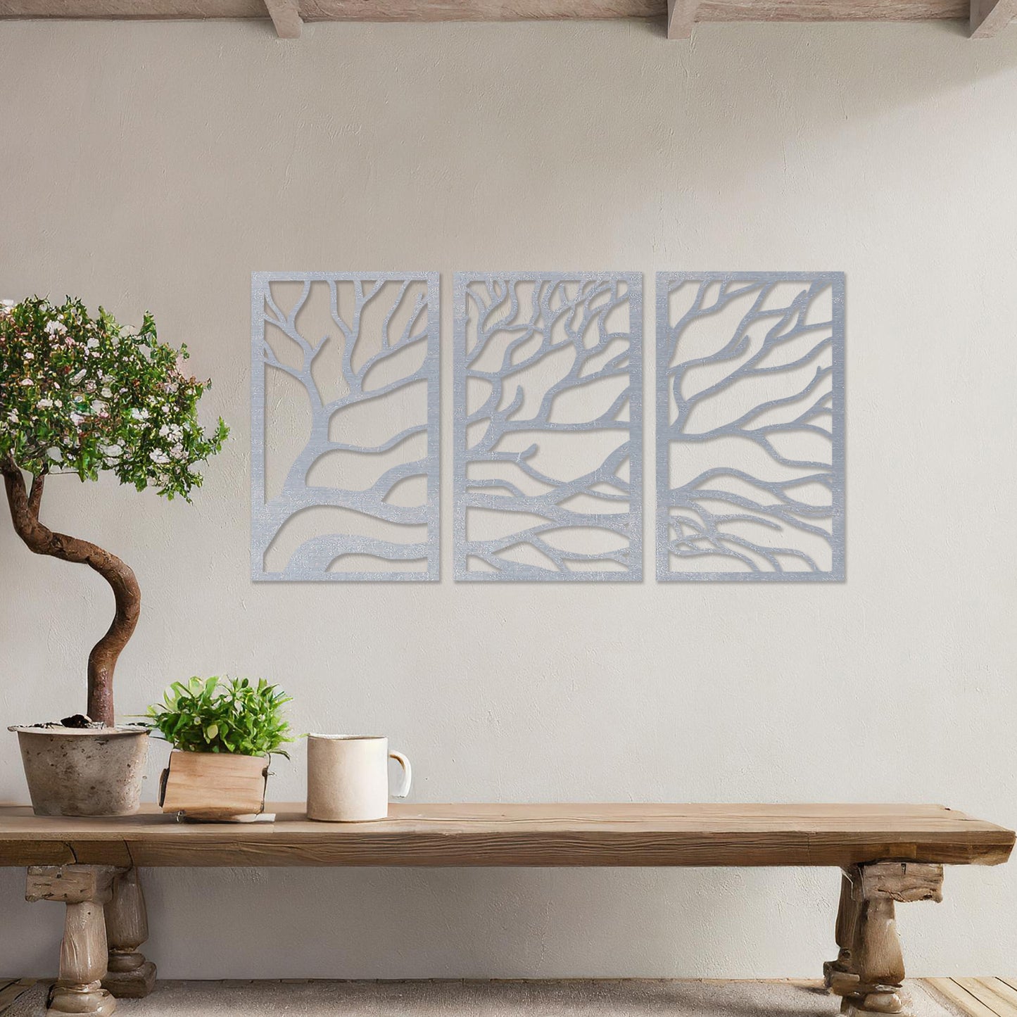 Abstract Tree Branches Triptych Wooden Wall Art Decor - Modern Forest Panels