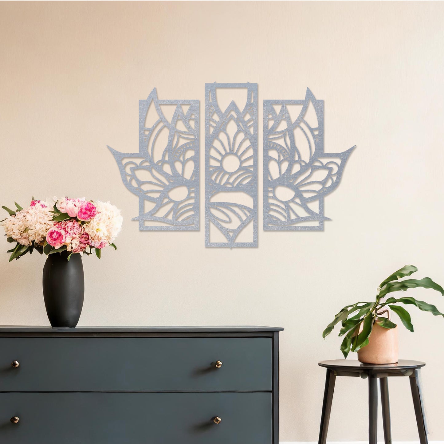 Floral Trio Wooden Wall Art Set - Elegant Lotus Wall Decor Panels