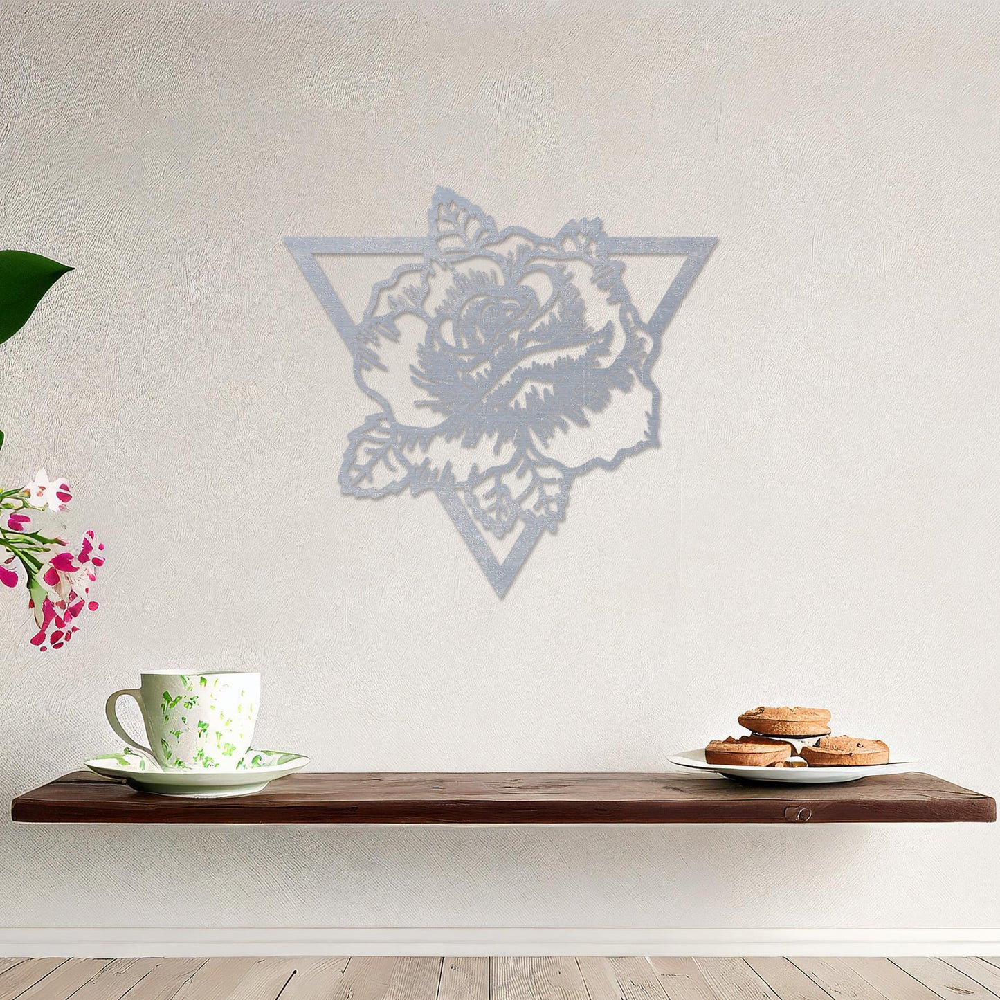 Abstract Rose Triangle Wooden Hanging Wall Art - Modern Floral Design