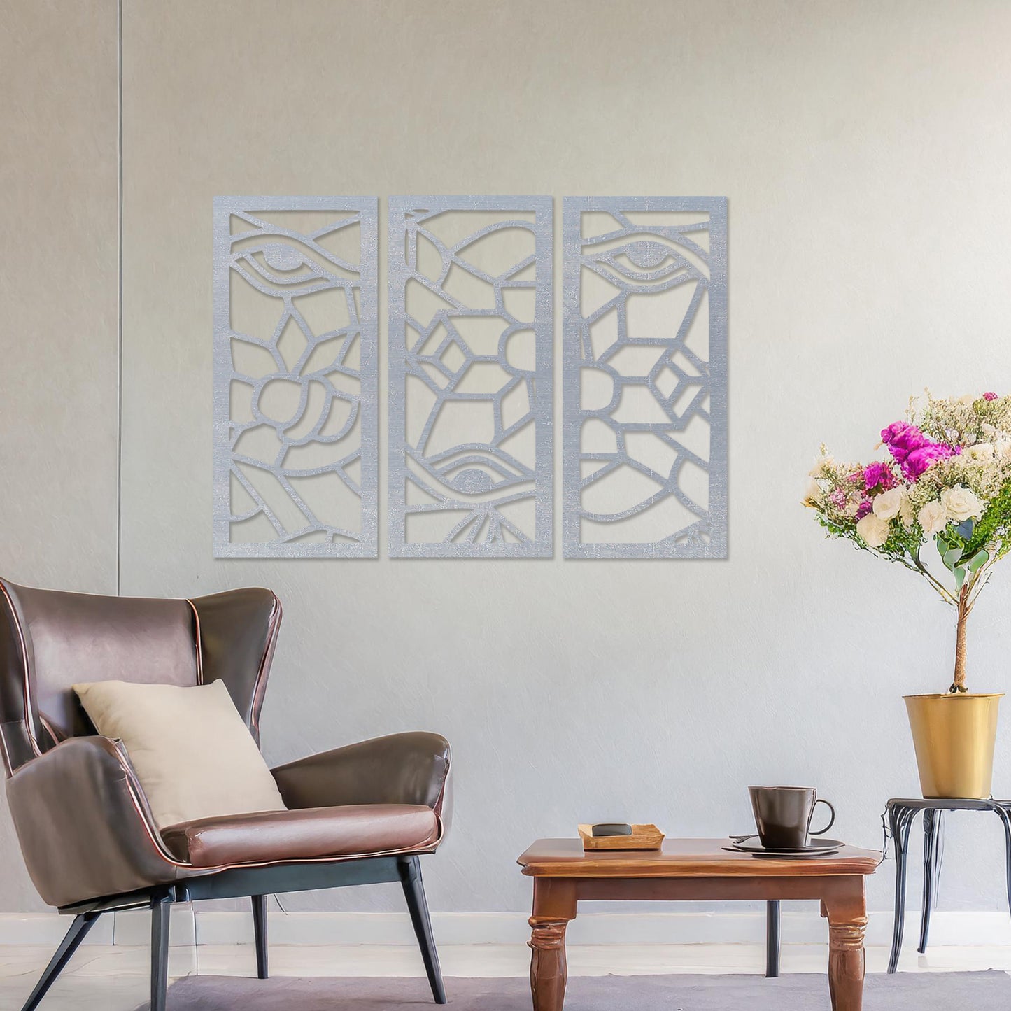 Abstract Eyes and Florals Wooden Wall Art - Modern Geometric Panel Set