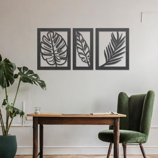 Wooden Leaves Wall Art Decoration 3 Paneled Modern Leaves Home Decor