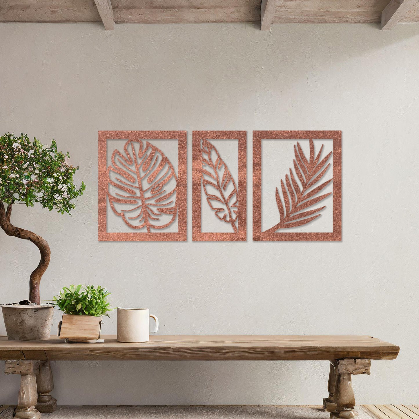 Wooden Leaves Wall Art Decoration 3 Paneled Modern Leaves Home Decor