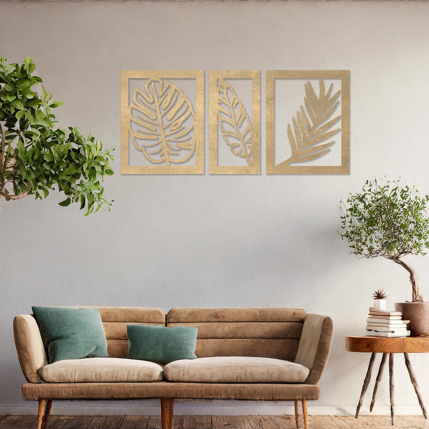 Wooden Leaves Wall Art Decoration 3 Paneled Modern Leaves Home Decor