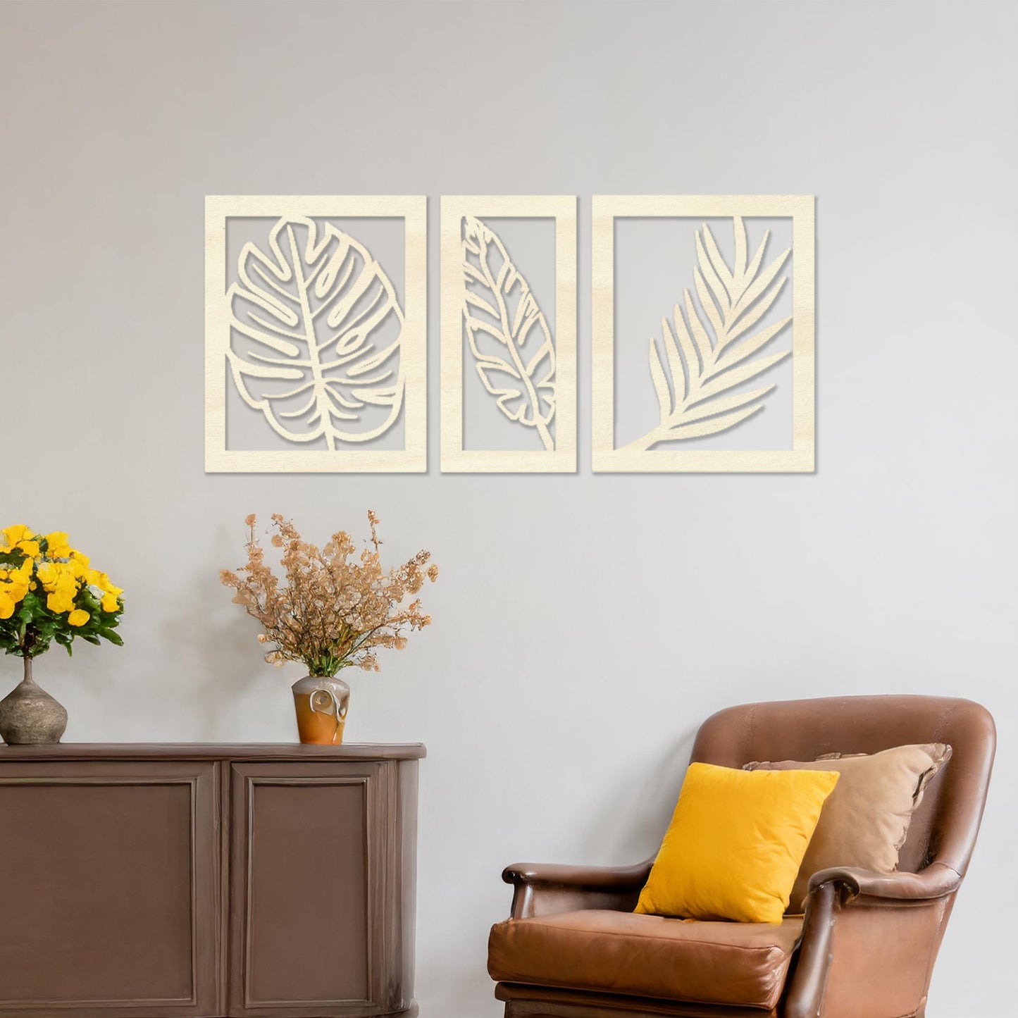 Wooden Leaves Wall Art Decoration 3 Paneled Modern Leaves Home Decor